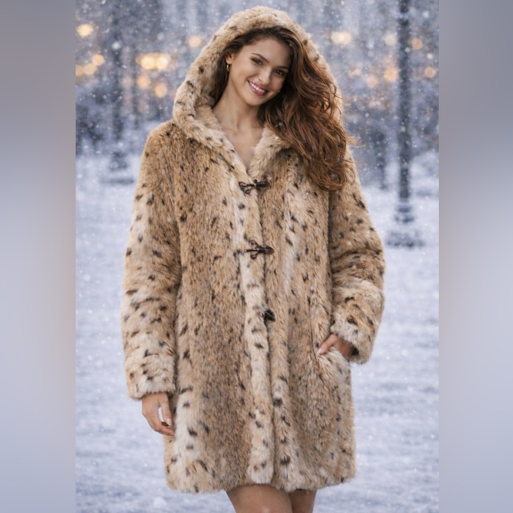 Luxurious soft Leopard print faux fur hooded coat